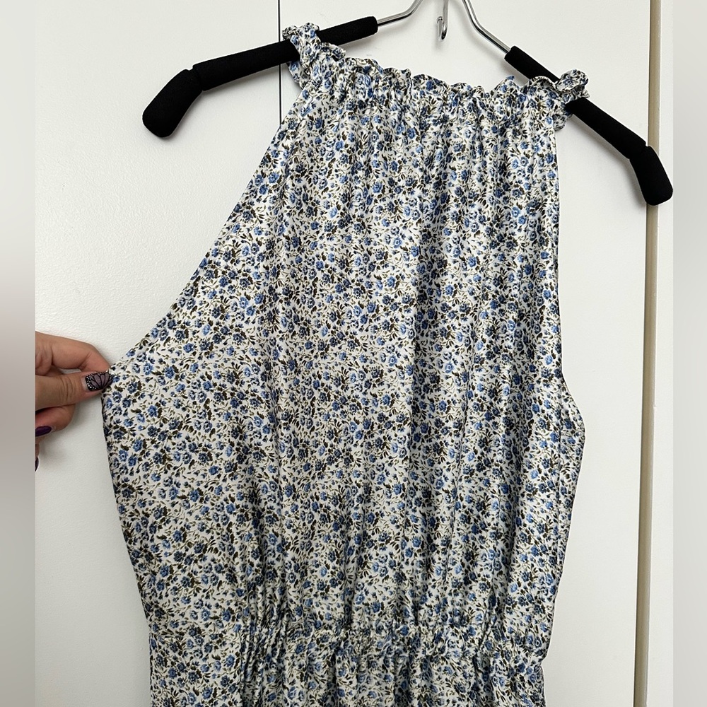 Zara Blue and White Floral Halter Satin Maxi Dress with High Low Hem Size S - Picture 2 of 8